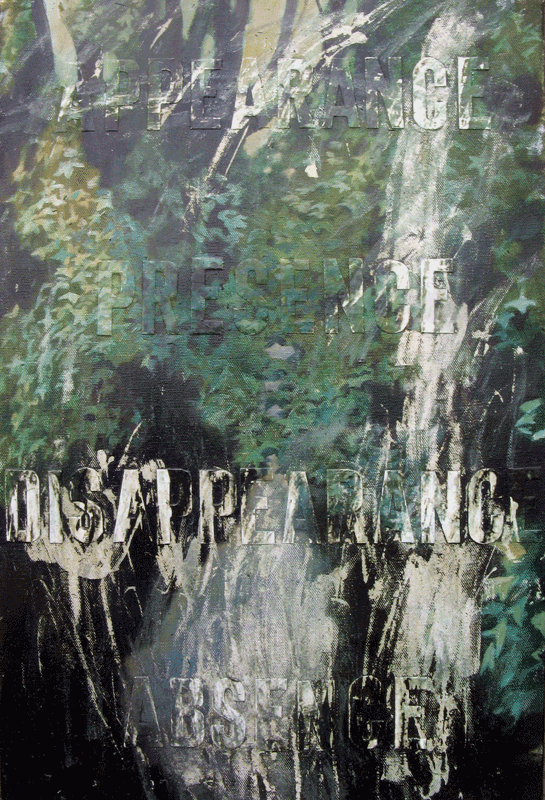 Oil painting of leaves with embossed text appearance, presence, disappearance, absence